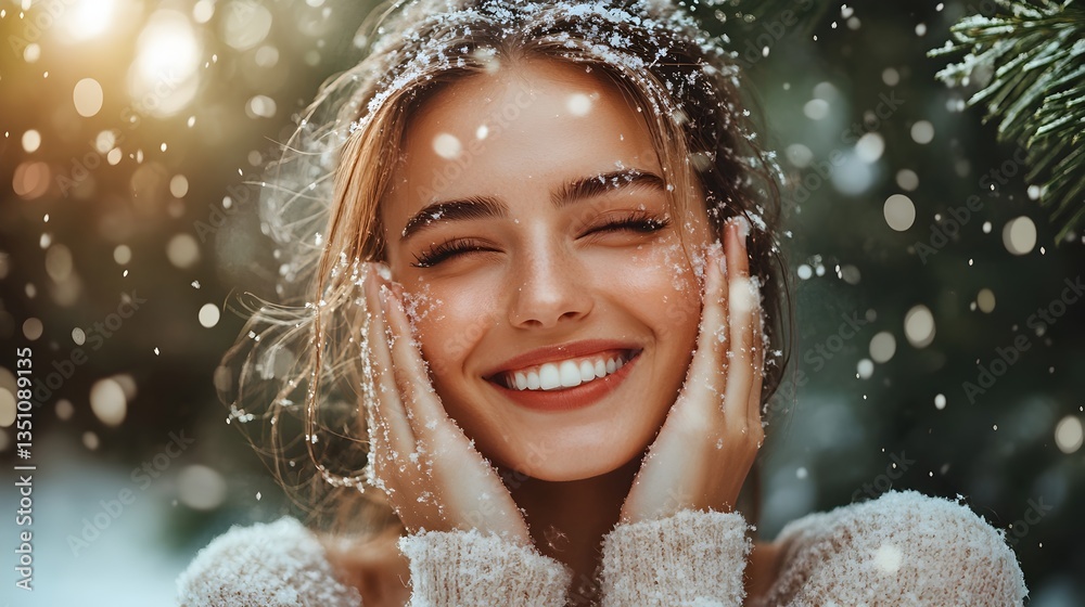 Fototapeta premium A radiant young woman smiles joyfully as snowflakes gently fall on her face outdoors in winter.