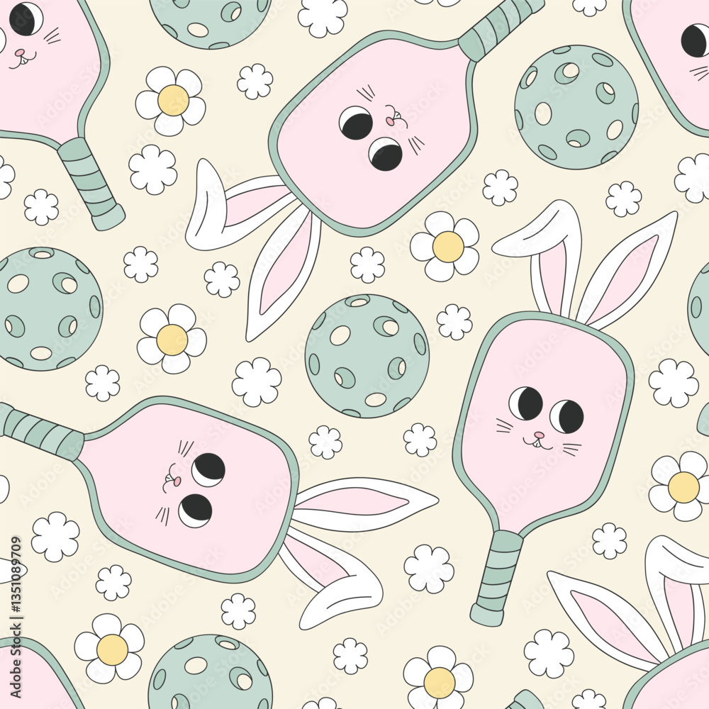 Fototapeta premium Bunny pickleball vector seamless pattern. Sporty Easter Spring background.