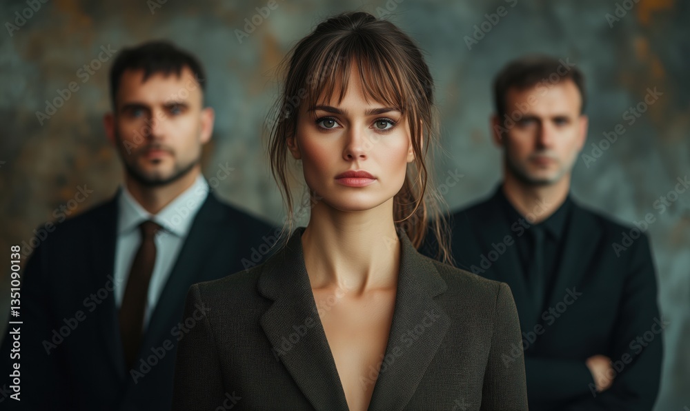 Confident businesswoman in front of two men in formal attire against textured background Confident businesswoman in front of two men in formal attire against textured background