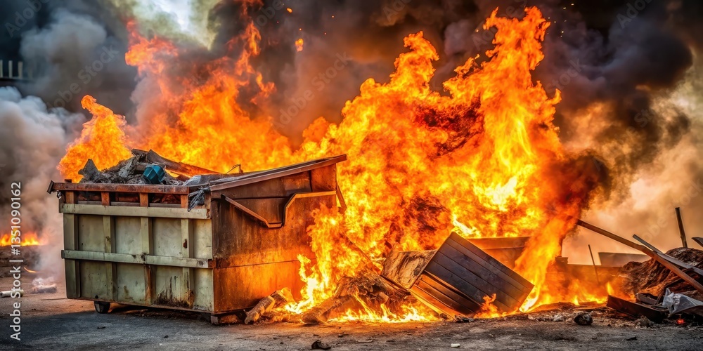 Burning dumpster engulfed in flames amidst smoldering wreckage and debris scattered everywhere, disaster cleanup, pollution