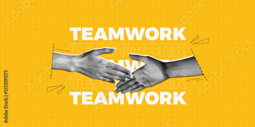 Trendy Halftone Collage Partner Handshake. Business agreement and teamwork. Cooperation concept. Make a deal. Shaking hands. Modern yellow background. Contemporary vector illustration art