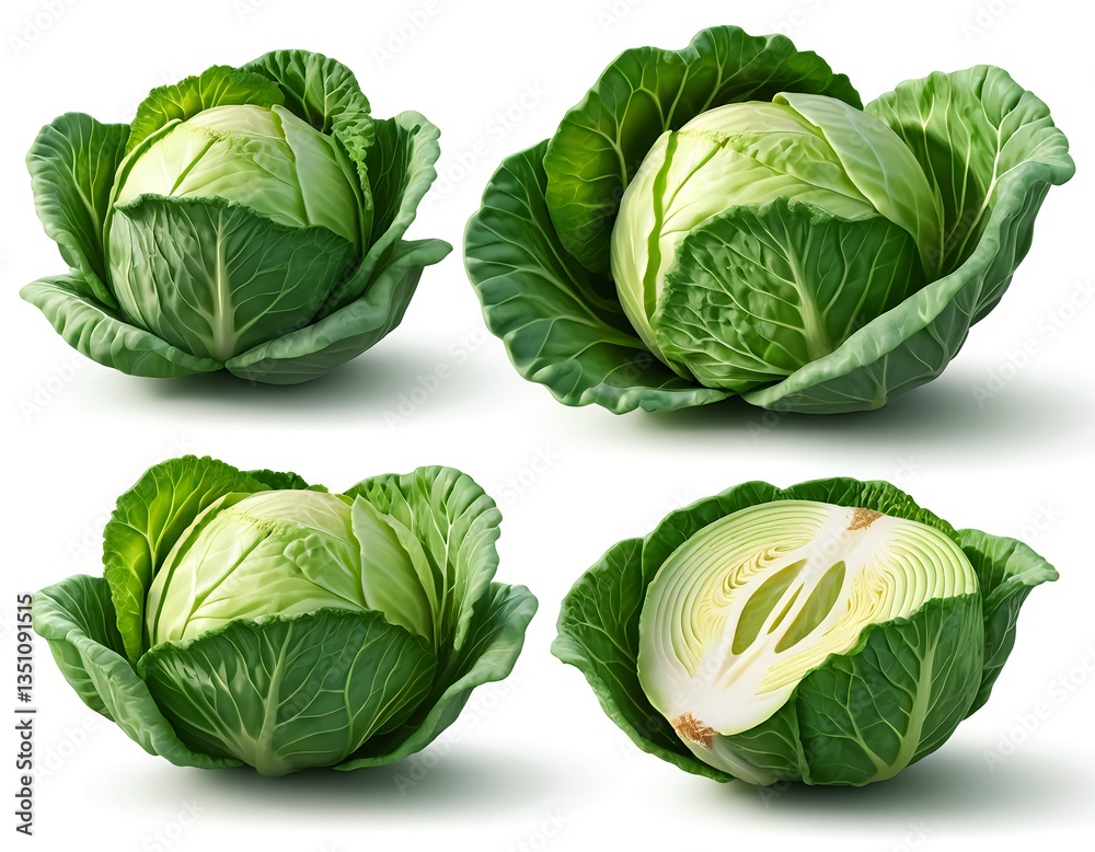 Fototapeta premium Fresh Green Cabbage Heads and Cut Cabbage Half Isolated on White Background