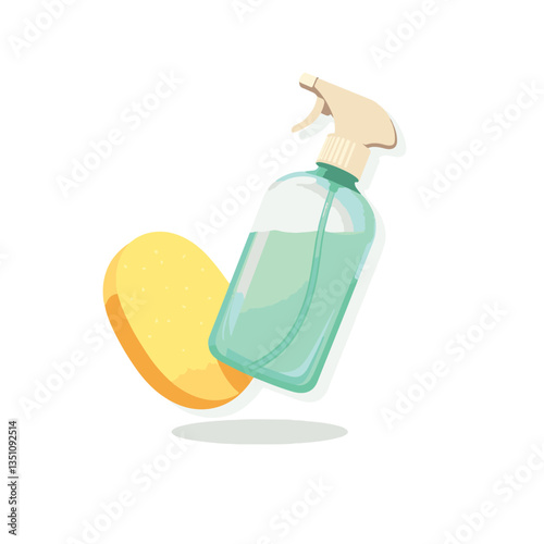 Eco-friendly spray bottle and sponge floating in white background, sustainability