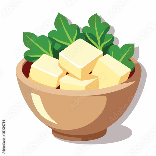 Minimalistic tofu bowl with greens on white background, healthy eating