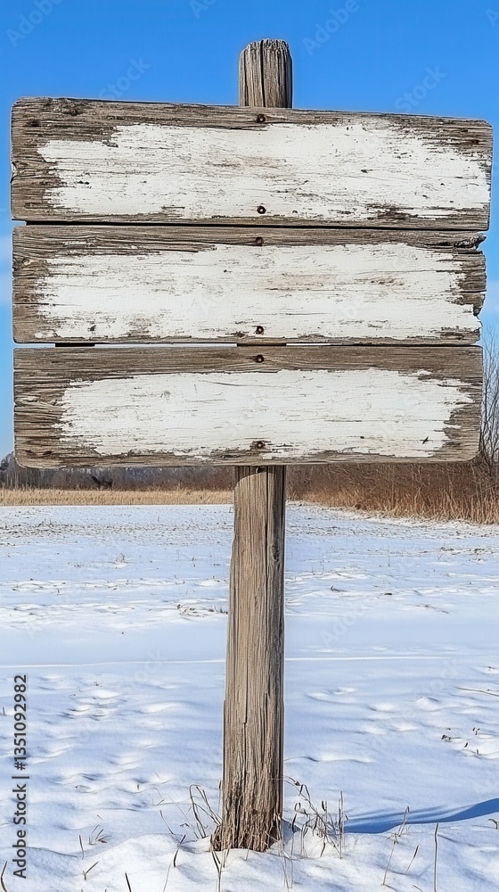Naklejka premium A rustic wooden sign partially buried in a blanket of fresh, white snow, with intricate carvings visible on its surface, surrounded by a serene winter landscape of snow-covered trees.