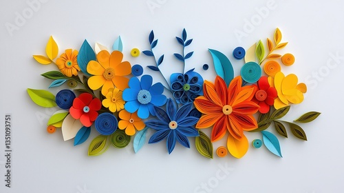A colorful paper quilling craft art design, featuring blooming flowers with delicate petals and leaves.