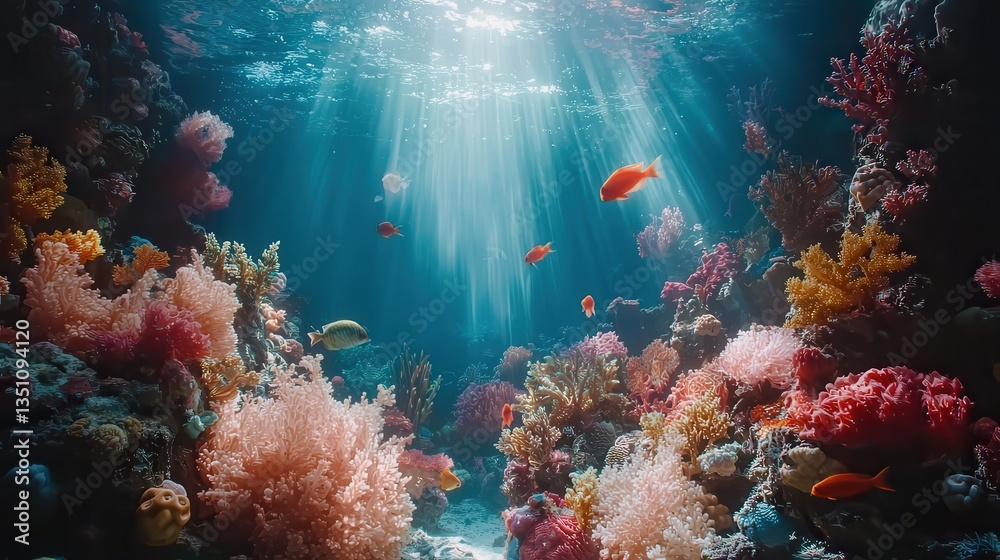 Obraz premium Vibrant Coral Reef with Colorful Fish and Sunbeams