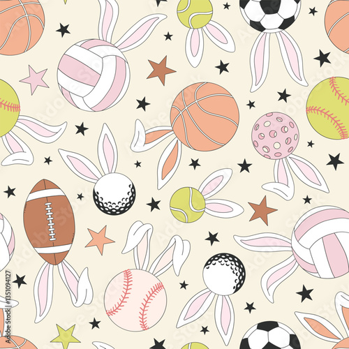 Sports game balls with bunny ears vector seamless pattern. Sporty Easter Spring background.