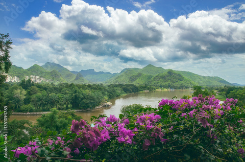 Fototapeta Naklejka Na Ścianę i Meble -  A scenic landscape of a mountain range in Thailand, with flowers in the foreground, creates a beautiful and peaceful scene.