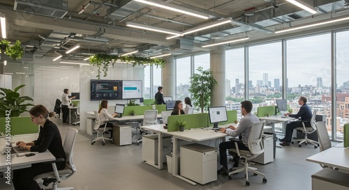 A modern, collaborative workspace buzzing with focused professionals enjoying a bright, airy office overlooking a vibrant cityscape, bathed in natural light. photo