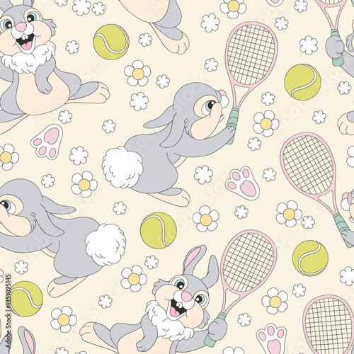 Cute bunny play tennis vector seamless pattern. Sporty Easter Spring background.