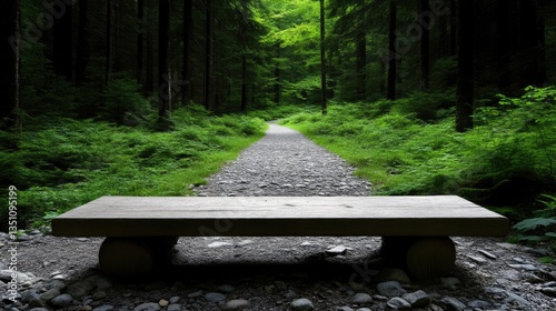 Tranquil forest path with a wooden bench