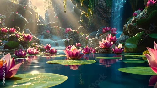 Colorful lotus flowers bloom in a serene pond surrounded by lush greenery and a cascading waterfall during golden hour