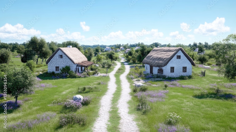 Quaint village scene with thatched-roof houses Quaint village scene with thatched-roof houses