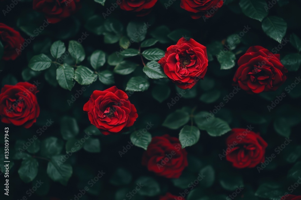 A vibrant arrangement of deep red roses surrounded by lush green leaves, creating a striking contrast in a natural setting. A vibrant arrangement of deep red roses surrounded by lush green leaves, creating a striking contrast in a natural setting.