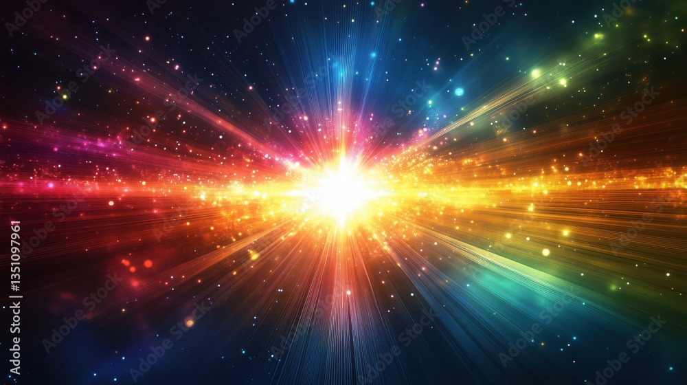 Naklejka premium Colorful cosmic explosion with radiant light beams and sparkling stars