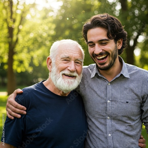 A heartwarming moment between an elderly man with a white beard and a younger man with dark hair, both smiling and laughing together outdoors