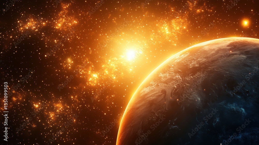 Fototapeta premium Stunning cosmic view of planet with glowing stars and bright sun in deep space