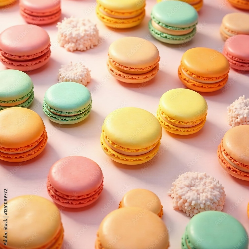 Colorful macarons arranged in an elegant pattern on white background, arrangement, pastry, dessert Colorful macarons arranged in an elegant pattern on white background, arrangement, pastry, dessert