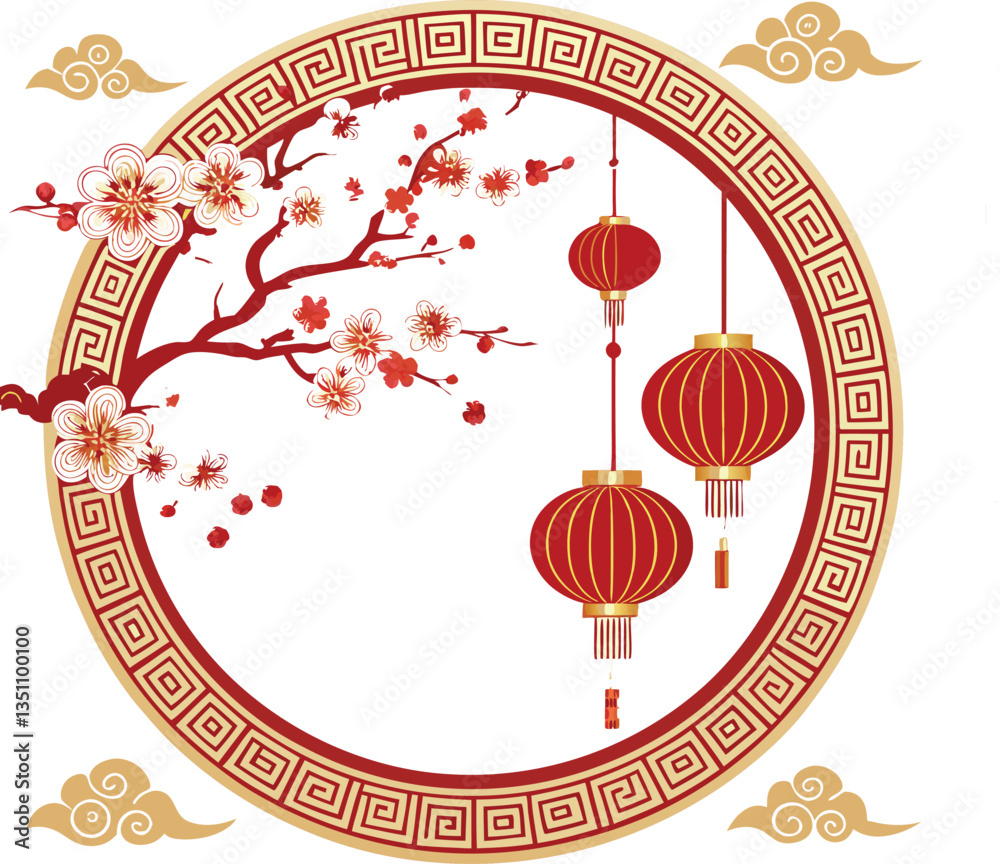 Naklejka premium Chinese New Year Template Circle Shape With Flower And Lantern design