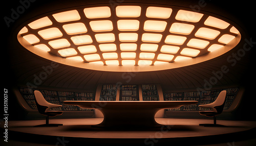 Fototapeta Naklejka Na Ścianę i Meble -  Futuristic conference room interior design; illuminated ceiling, large table, and modern chairs. Ideal for sci-fi, technology, or corporate concepts.