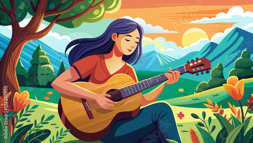 Woman playing acoustic guitar with finger catching chord on bar outdoors