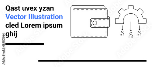 Wallet silhouette next to a gear connecting user icons. Ideal for finance, technology, payment systems, process optimization, management, resource distribution, simple landing page
