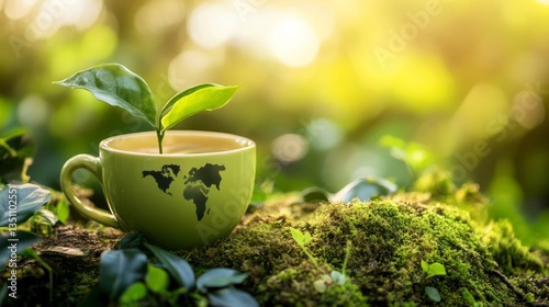 Green tea cup with world map and plant growing on mossy ground in sunlight