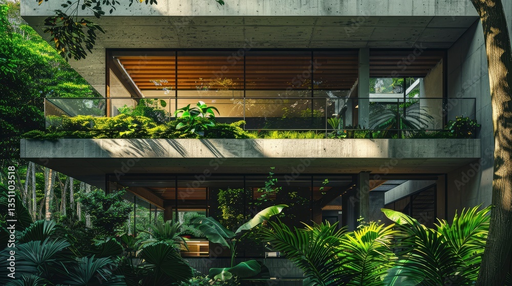 Fototapeta premium Modern concrete house surrounded by lush greenery, showcasing open spaces and natural light