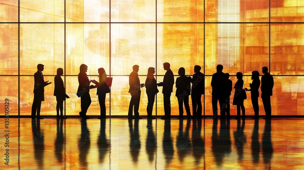 Silhouettes of Business People Networking in a Modern Office Building at Sunset Silhouettes of Business People Networking in a Modern Office Building at Sunset