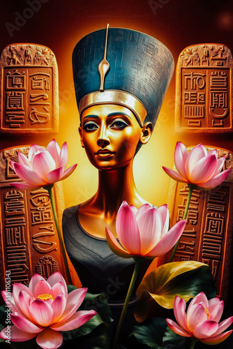 Golden Bust of Nefertiti Surrounded by Lotus Flowers