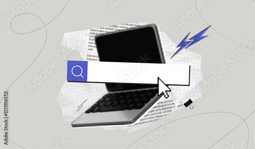 Trendy Halftone Collage Laptop with search bar and cursor. Cutout paper elements. Online search job. Seo marketing concept. Dotted pop art. Contemporary vector illustration art