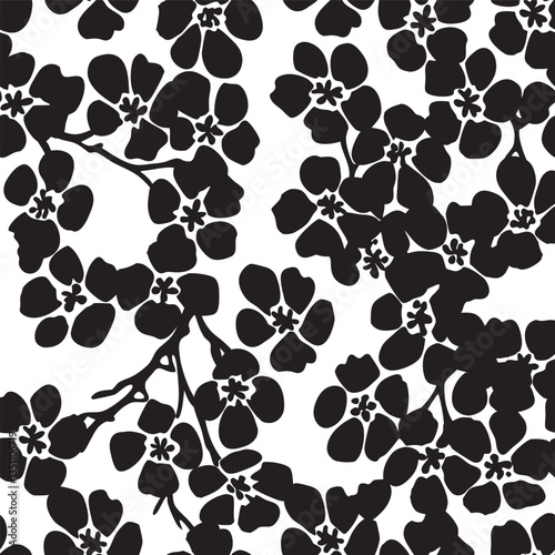 Black cherry blossom floral pattern with white background. Seamless pattern with florals for fabric, textiles, clothing, wrapping paper. Vector illustration