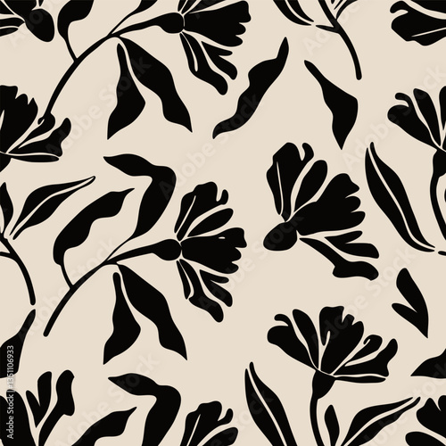 Black floral pattern with beige background. Seamless pattern with florals for fabric, textiles, clothing, wrapping paper. Vector illustration