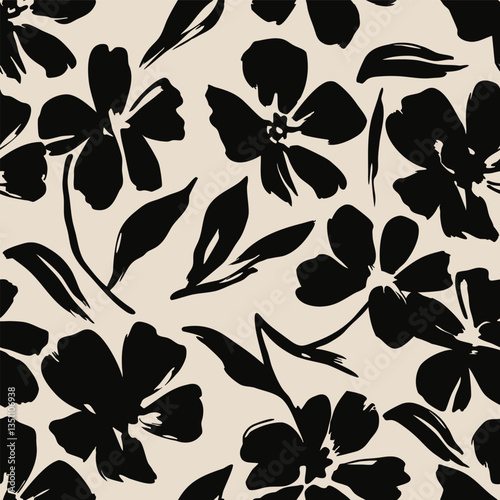 Black floral pattern with beige background. Seamless pattern with florals for fabric, textiles, clothing, wrapping paper. Vector illustration