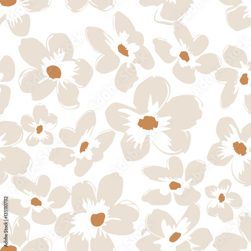 Beige floral pattern with white background. Seamless pattern with florals for fabric, textiles, clothing, wrapping paper. Vector illustration