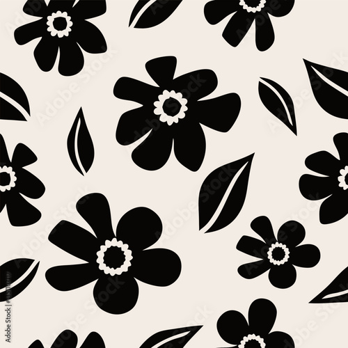 Black floral pattern with beige background. Seamless pattern with florals for fabric, textiles, clothing, wrapping paper. Vector illustration