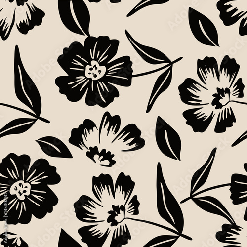 Black floral pattern with beige background. Seamless pattern with florals for fabric, textiles, clothing, wrapping paper. Vector illustration