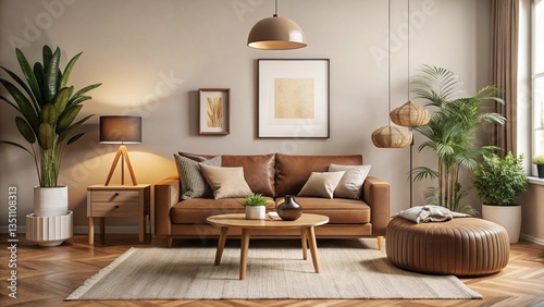 Wallpaper Mural Warm and cozy interior of living room space with brown sofa, pouf, beige carpet, lamp, mock up poster frame, decoration, plant and coffee table. Cozy home décor. Torontodigital.ca
