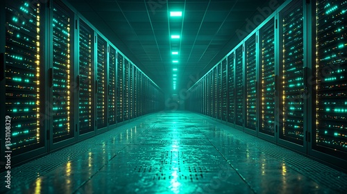 Futuristic Data Center with Glowing Server Racks and Reflections