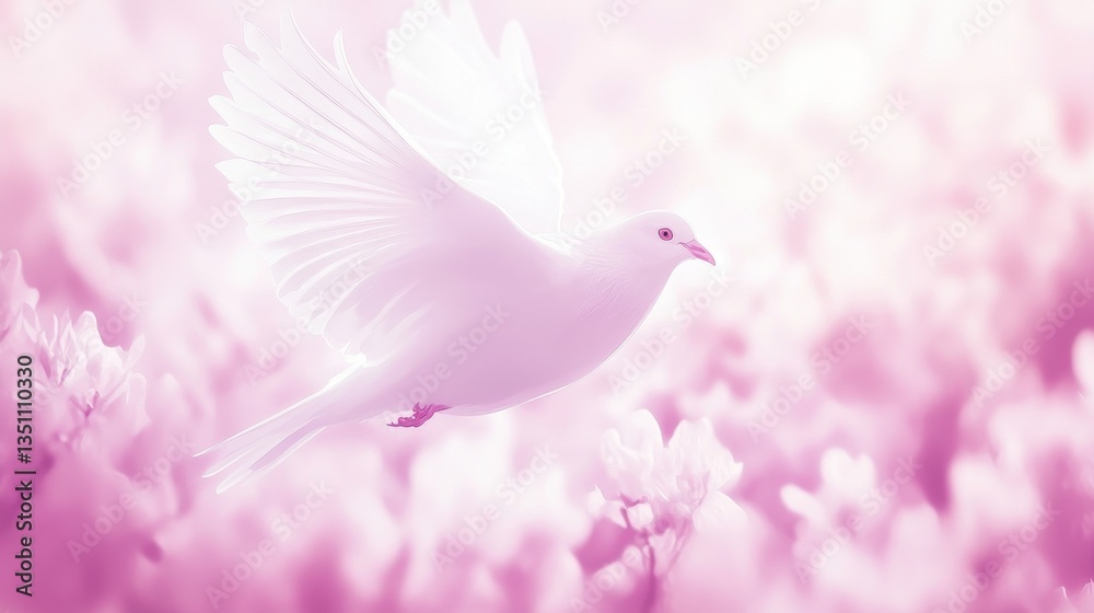 Fototapeta premium Serene White Dove in Flight Amidst a Pink Blossom Garden: A Symbol of Peace and Tranquility