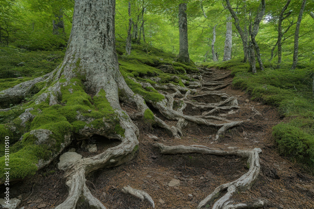 Obraz premium Forest Path Winding Through Mossy Tree Roots