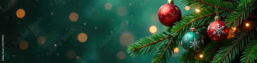 Decorated evergreen tree branches with ornaments and lights, winter, greenery