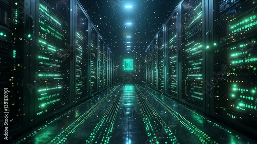 Futuristic Data Center with Glowing Green Lights and Servers