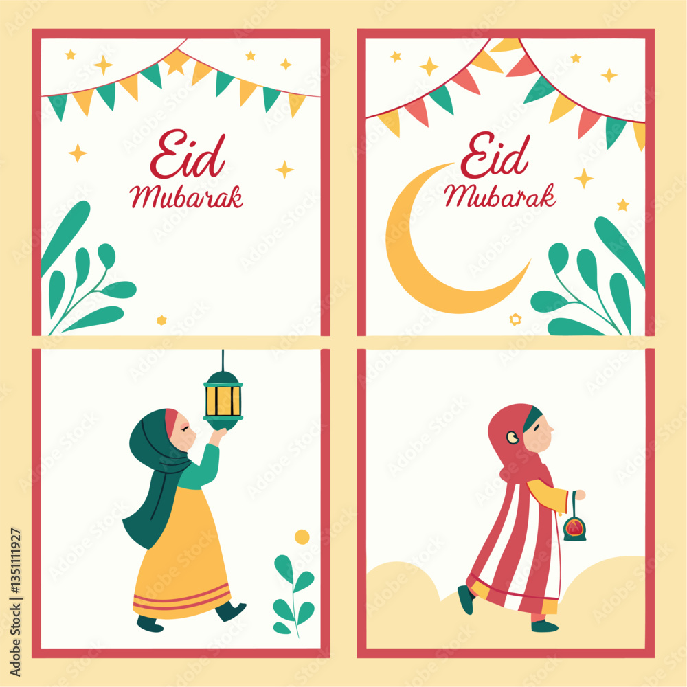 Fototapeta premium Eid Mubarak greeting With Moon And Lantern Illustration Background 