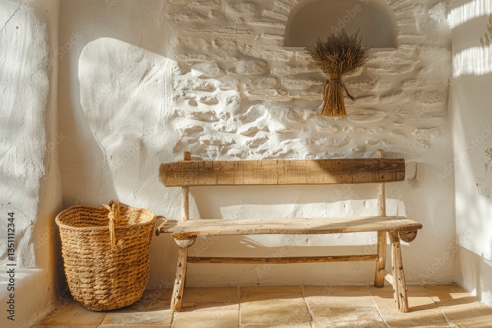 Obraz premium Cozy interior scene featuring a rustic wooden bench and a woven basket against a textured wall