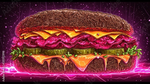 Vibrant Neon Burger on Dark Background with Melting Cheese Effect