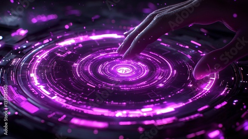 Futuristic Hand Touching Interactive Neon Holographic Interface