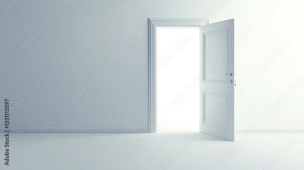 Opportunity, new beginning, white open door, empty white space, bright unknown, minimalism, clean white background, conceptual, presentation, corporate graphic, bright future, psychology, copy space.