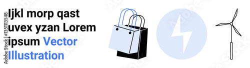 Shopping bags, energy bolt, windmill illustrating retail, renewable energy, eco-conscious living. Ideal for sustainability, eco-markets, innovation, climate action modern commerce branding flat